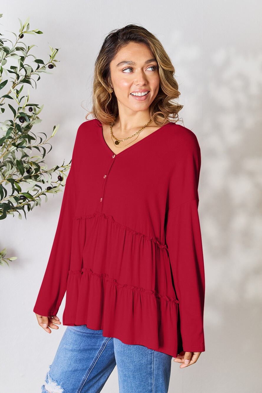 DOUBLE TAKE Burgundy Button Tiered Long Sleeve Casual Top Plus Size XL NEW